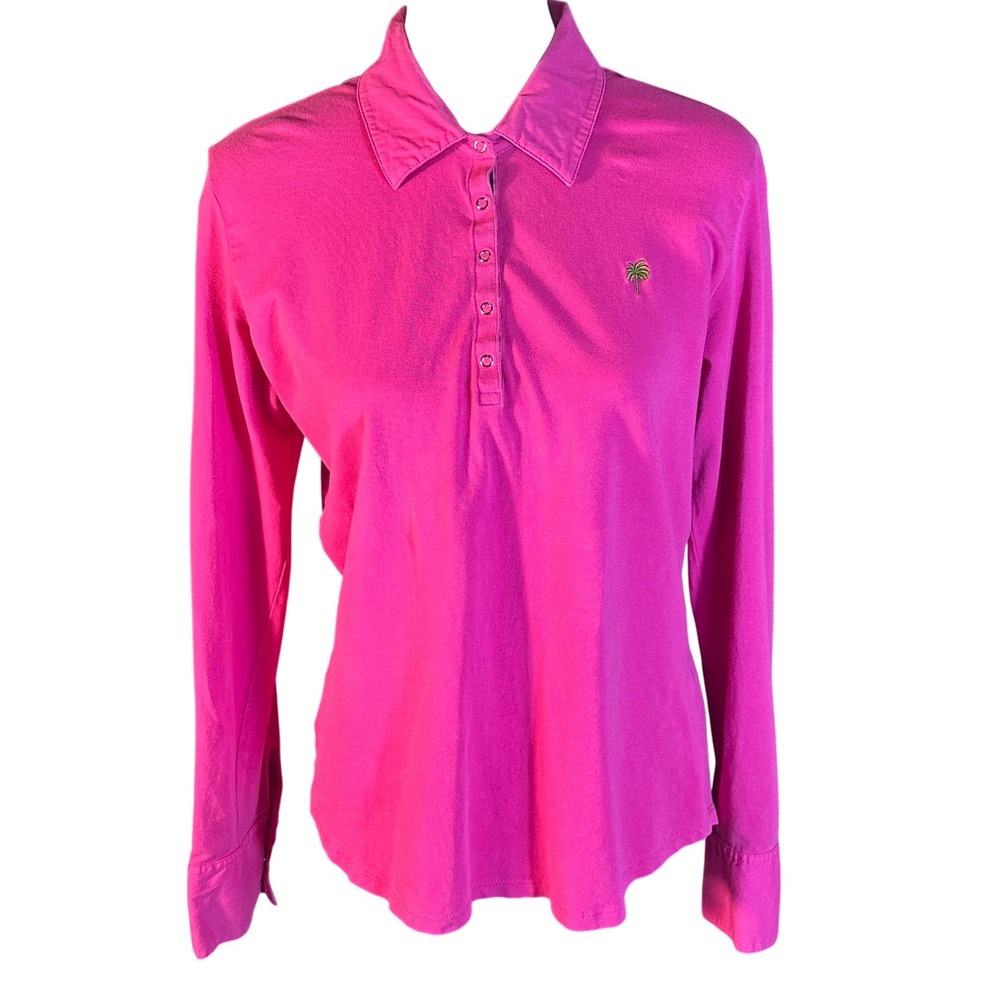 Lilly Pulitzer Polo Shirt Womens XL Pink Slim Fit Long Sleeve Palm Tree Logo